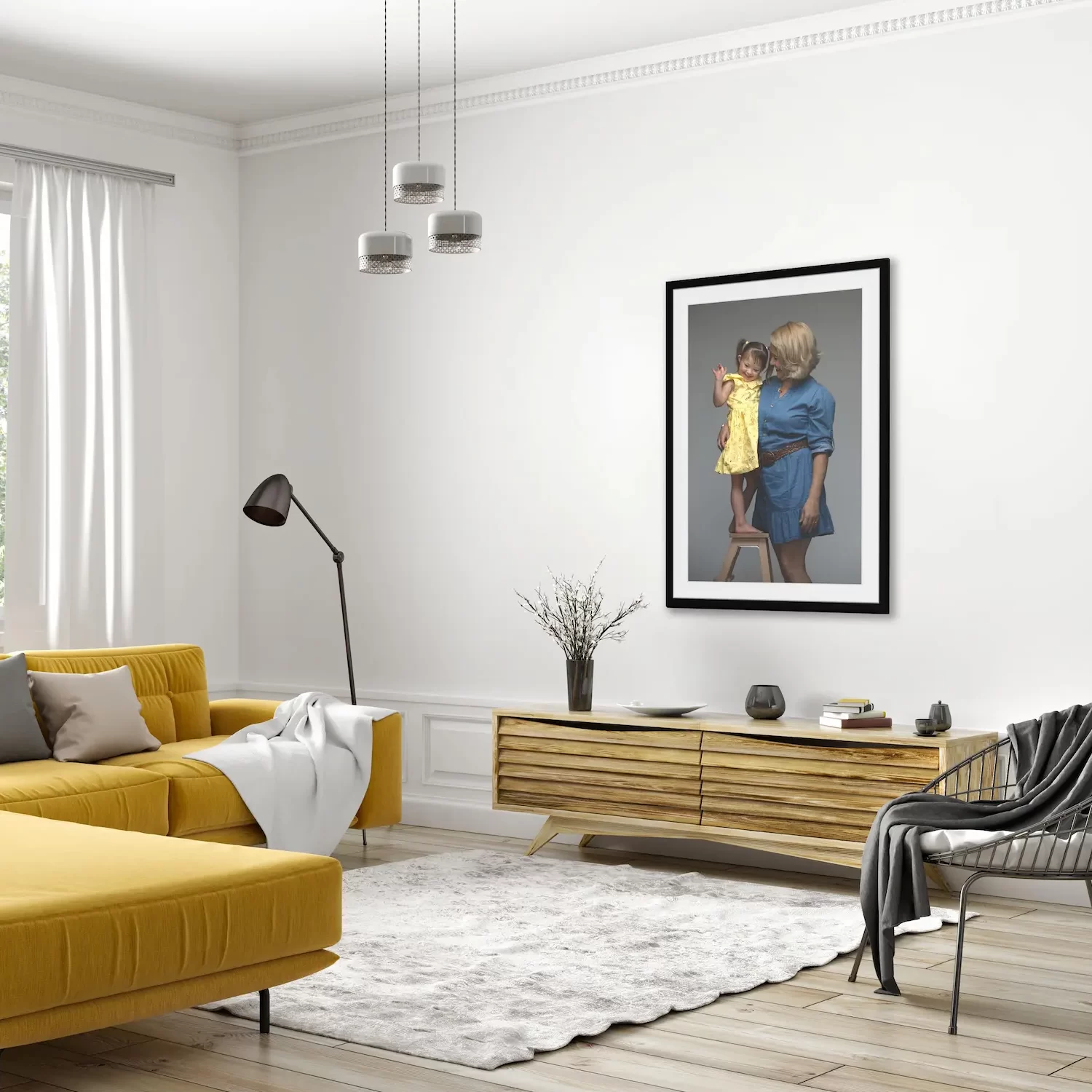 Framed mother and daughter portrait in a modern living room with a yellow sectional, wood furniture, and natural light
