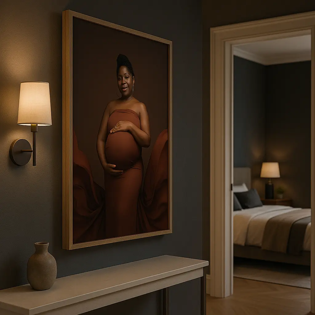 Elegant maternity portrait of a pregnant woman in a flowing rust gown, displayed as wall art in a luxury entryway of a Florida home