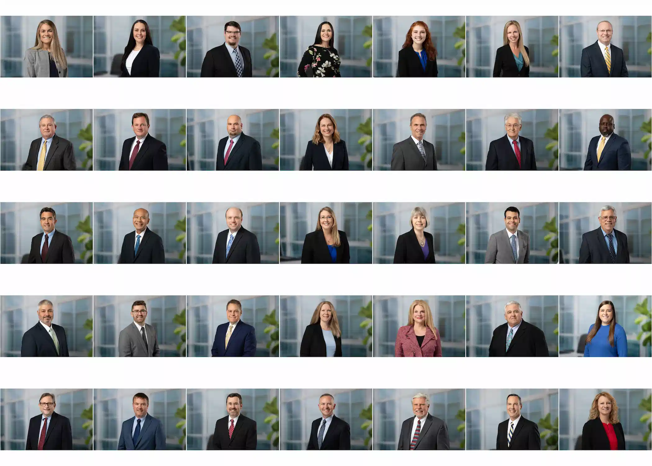 Corporate team headshots of multiple professionals on a modern office background, photographed in Ocala.